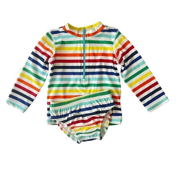 Primary Rainbow Stripe Baby Rash Guard Swim LS Shirt Swim Diaper 3-6M - Picture 1 of 8